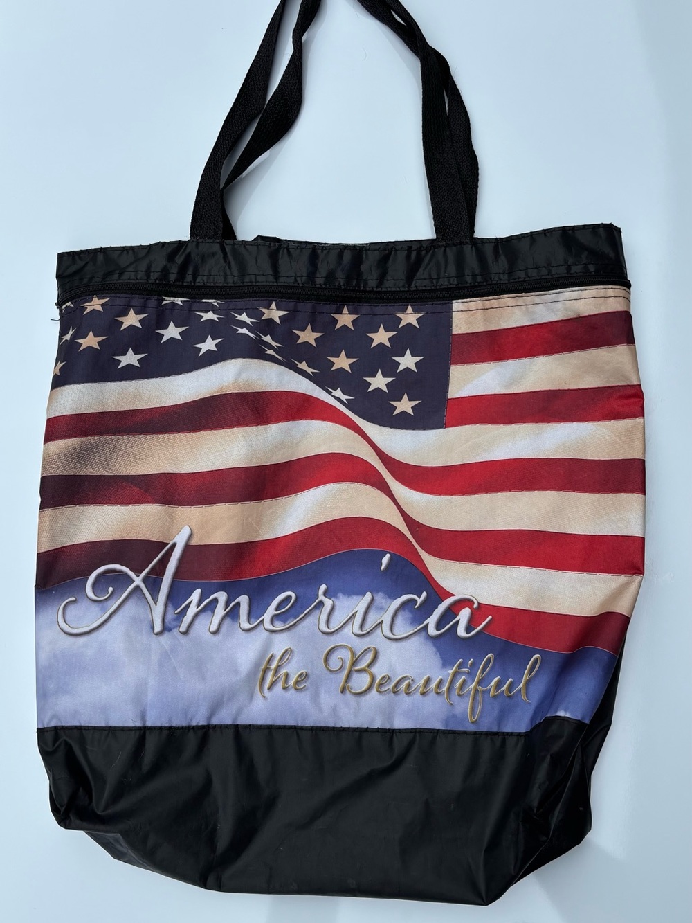 America the Beautiful Flag Print Tote Bag - Black/Red/White